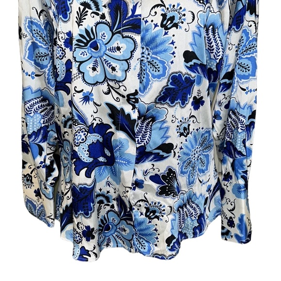 NWT Zara Navy Aqua Blue & White Floral Satin Button Down Blouse - L - Picture 8 of 16